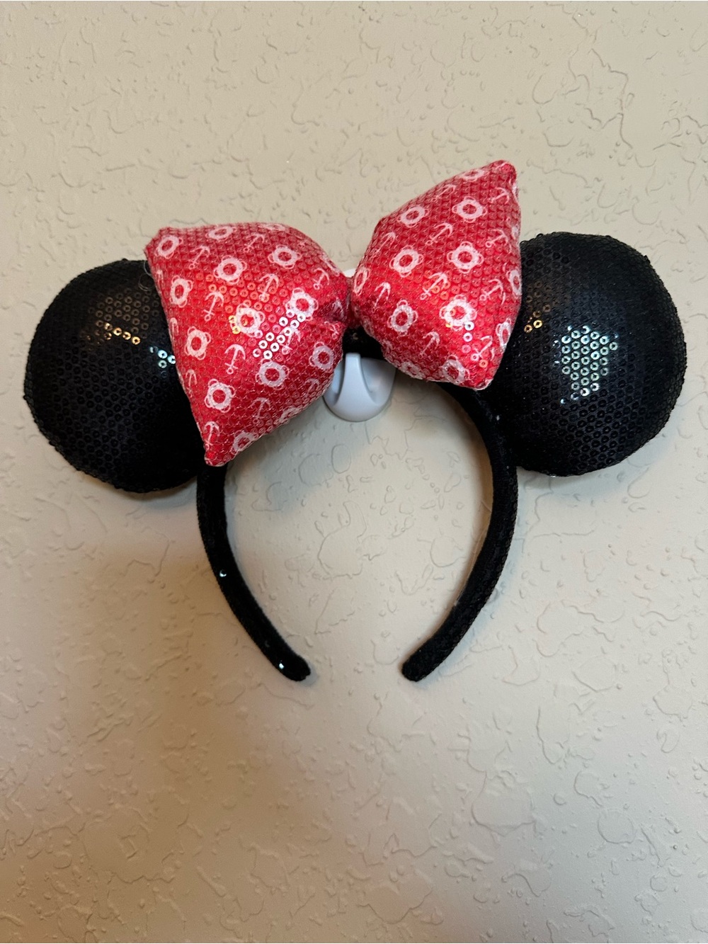 Disney Cruise Line Black Sequin Mouse Ear Headband with Red Bow